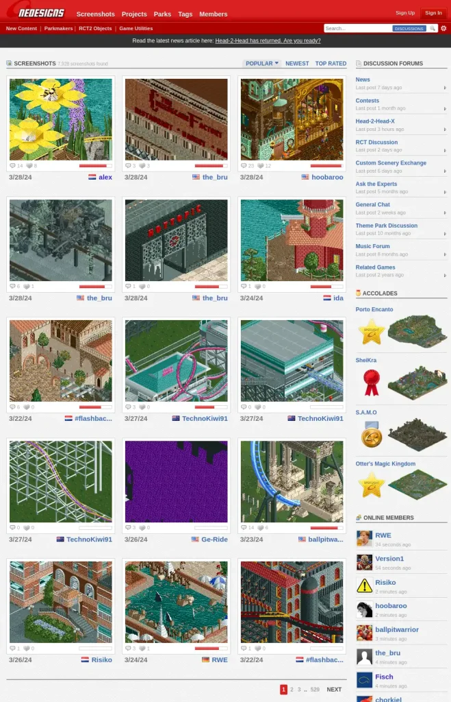 A webpage with various thumbnails of designs of RollerCoaster Tycoon theme parks submitted by various users.