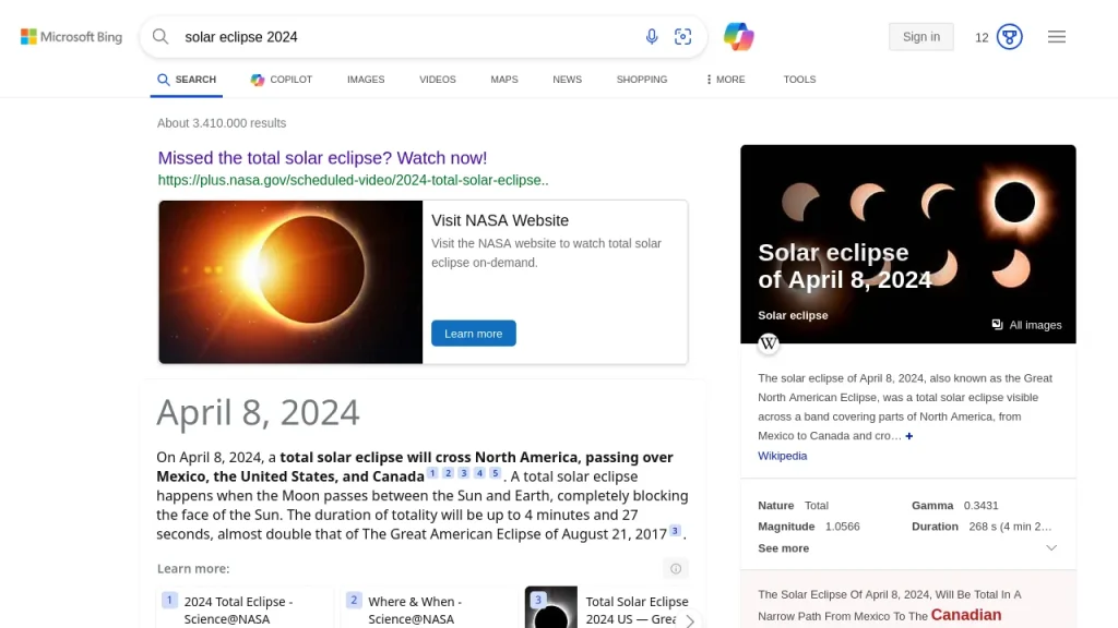 A screenshot of Bing's results page for the query "solar eclipse 2024."