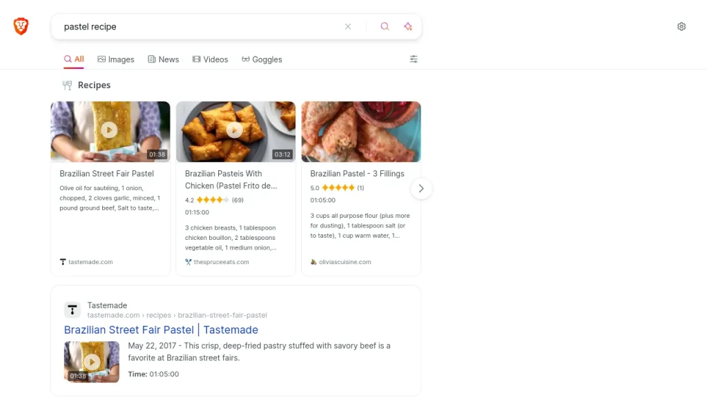 A screenshot of Brave Search's results page for the query "pastel recipe".