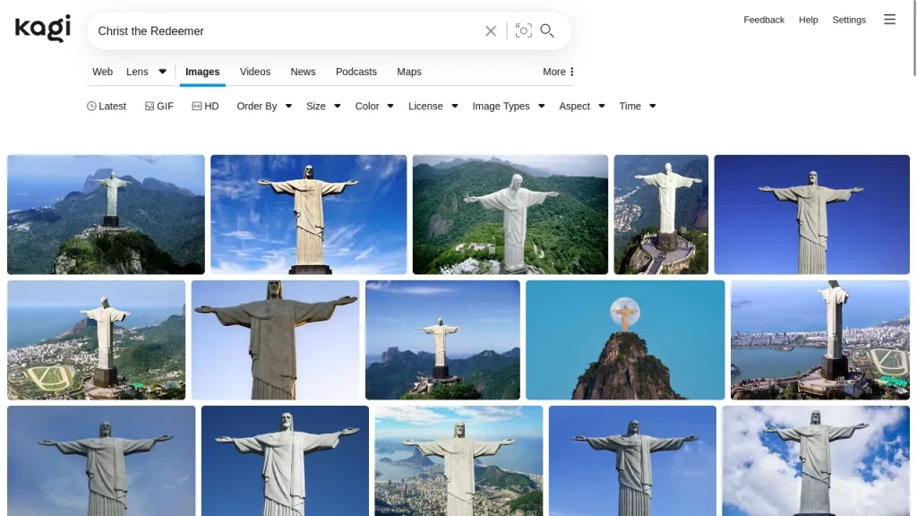 A screenshot of Kagi's image search results page for the query "Christ the Redeemer."