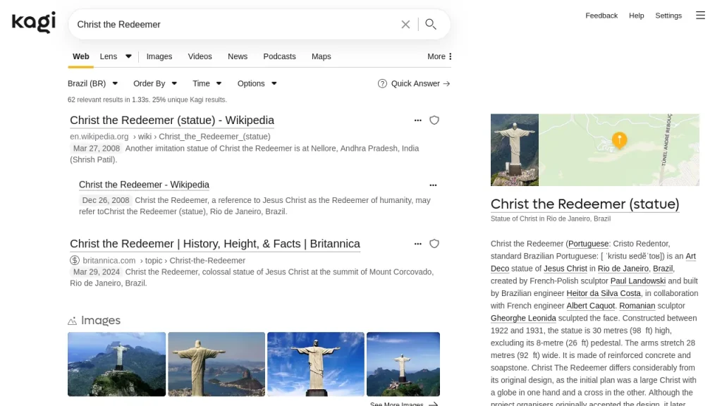 A screenshot of Kagi's search results page for the query "Christ the Redeemer."