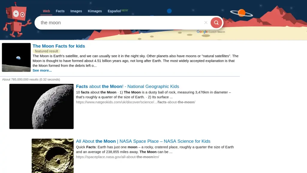 A screenshot of Kiddle's search engine results page for the query "the moon."