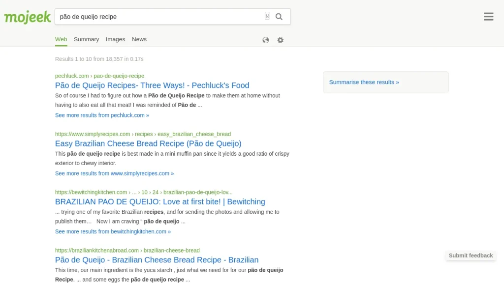 A screenshot of Mojeek's search engine results page for the query "pão de queijo recipe."