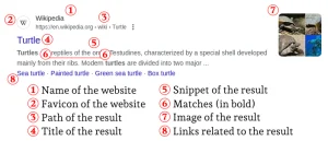 A screenshot of a single search result on Google, each element of the search result labelled: the name of the website, the favicon of the website, the path of the result, the title of the result, the snippet of the result, matches (in bold), the image of the result, and links related to the result.