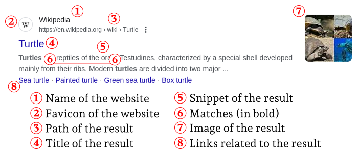 A screenshot of a single search result on Google, each element of the search result labelled: the name of the website, the favicon of the website, the path of the result, the title of the result, the snippet of the result, matches (in bold), the image of the result, and links related to the result.