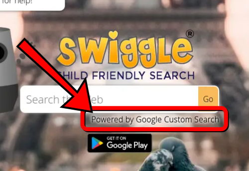 A screenshot of the text "Powered by Google Custom Search" on the website Swiggle.