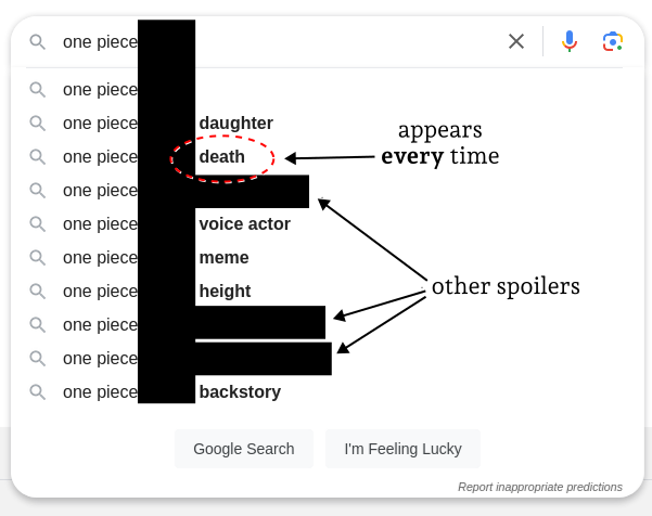 Google's search predictions dropdwon showing spoilers such as an One Piece's character's death among other things.