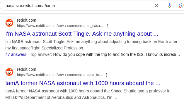 The query nasa site:reddit.com/r/iama typed into Google's search result page, showing results only from that subreddit.