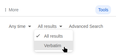 The dropdown menu that enables the verbatim mode on Google.