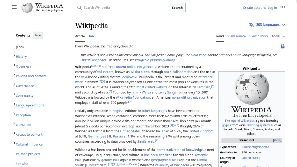 Wikipedia's article about Wikipedia itself.