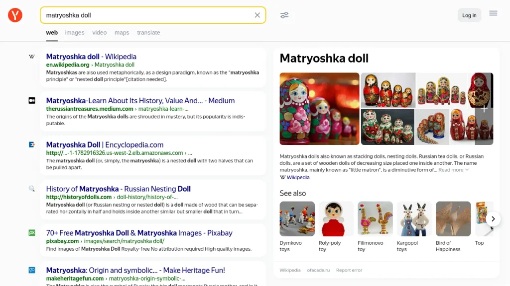 A screenshot of Yandex's search engine results page for the query "matryoshka doll."