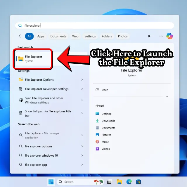 A screenshot showing how to open the File Explorer from the start menu in Windows 11.