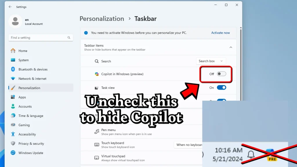 What to uncheck to remove copilot from the taskbar in Windows 11.