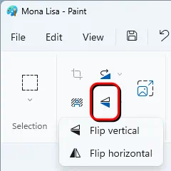 The location of the flip button in Microsoft paint, and its dropdown menu.