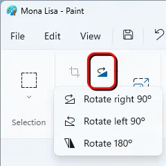 The location of the rotate button in Microsoft Paint, and its dropdown menu.