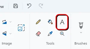 The location of the text tool in Microsoft Paint.