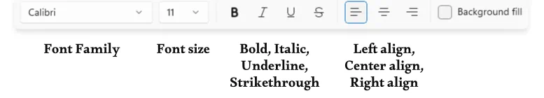 The floating text toolbar of Microsoft Paint. Labels from their respective tooltips read: Font family, font size, bold, italic, underline, strikethrough, left align, center, align, right align, and background fill.