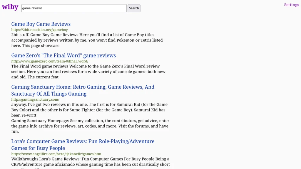 A screenshot of Wiby's search engine results page for the query "game reviews."