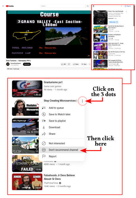 A diagram showing where Youtube's "don't recommend channel" button is located. It's on the right sidebar, accessible by clicking on the three dots.