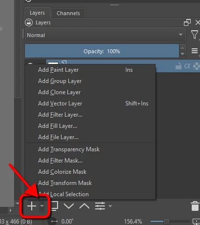 The location of Krita's "Add New Layer" popup menu in the "Layers" docker.