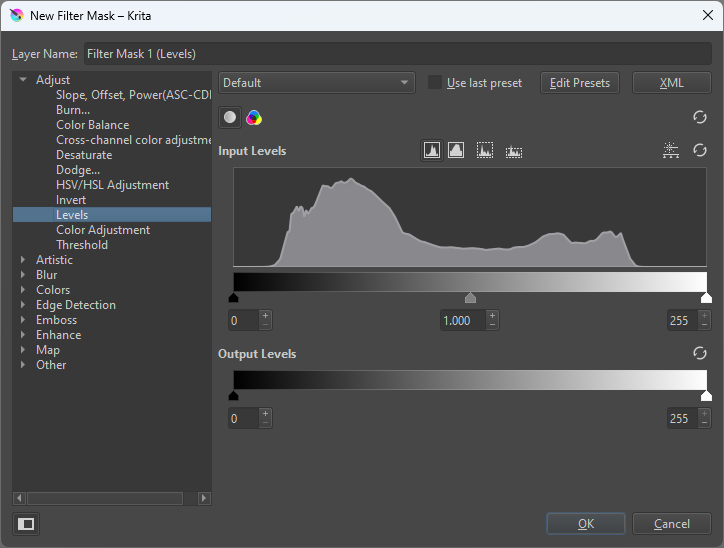 A screenshot of krita levels filter settings as shown in the new filter mask dialog.