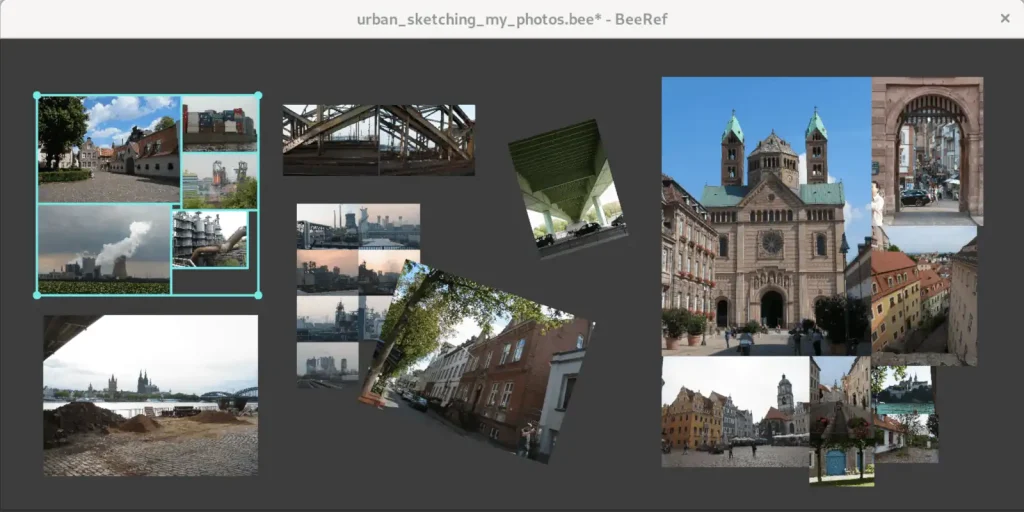 An application window with several reference images placed around, some of them rotated.