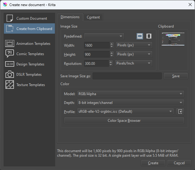 The create new document file dialog in Krita, with create from clipboard selected.