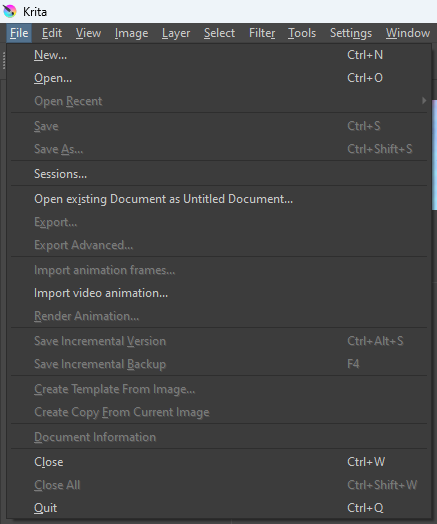 The "File" menu in Krita, with items: New...; Open...; Sessions...; Open existing Document as Untitled Document...; Import video animation...; Close; Quit.