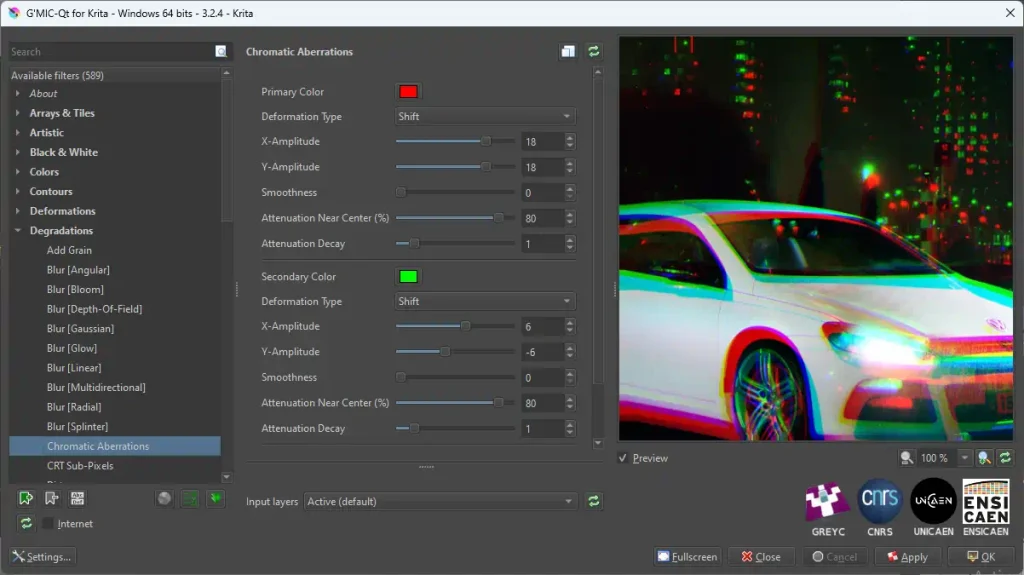 A dialog box for configuring a chromatic aberrations filter.