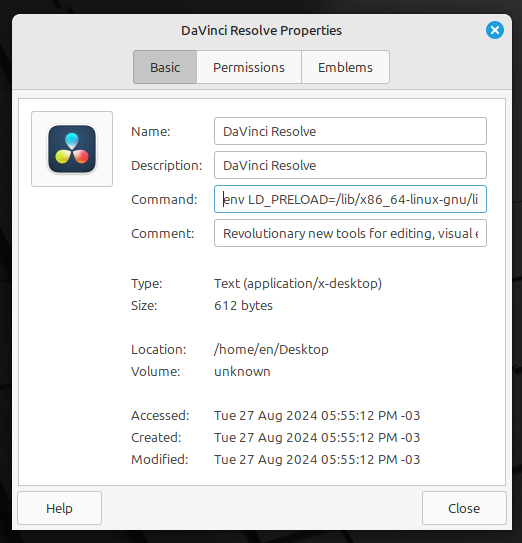 A dialog window titled "DaVinci Resolve Properties." It has four fields, Name, Description, Command, and Comment, related to launching DaVinci Resolve. The value for the command field starts with "env LD_PRELOAD=/lib/x9._64-linux-gnu/..."