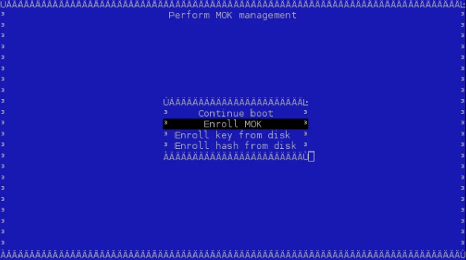 A blue screen with white text. A label on top reads "perform MOK management". In the middle, a dialog box with four options: continue boot, enroll MOK, enroll key from disk, enroll hash from disk.