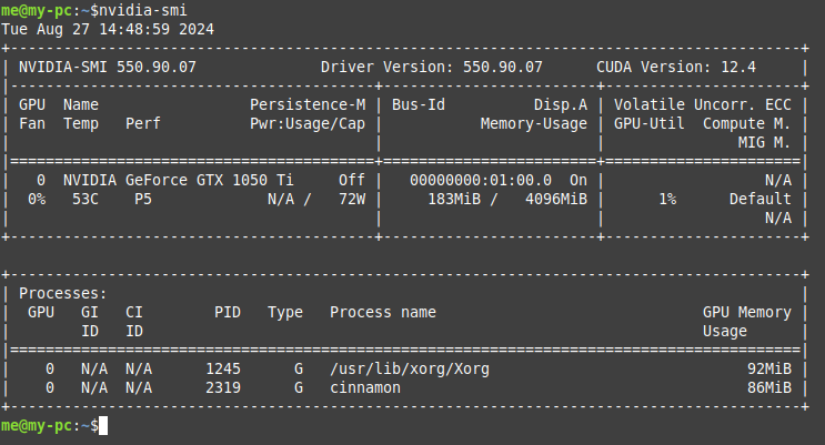 The command nvidia-smi being run in the terminal. Some information displayed includes: Driver Version: 550.90.07. CUDA Version: 12.4. GPU name: NVIDIA GeForce GTX 1050 Ti. Fan: 0%. Temperature: 53C. Power Usage/Capcity: N/A / 72W. Memory-Usage: 183MiB / 4096MiB. GPU Utilization: 1%. A list of processes, their PIDs, names, and GPU memory (VRAM) usage: /usr/lib/xorg/Xorg 92MiB, cinnamon 86MiB.