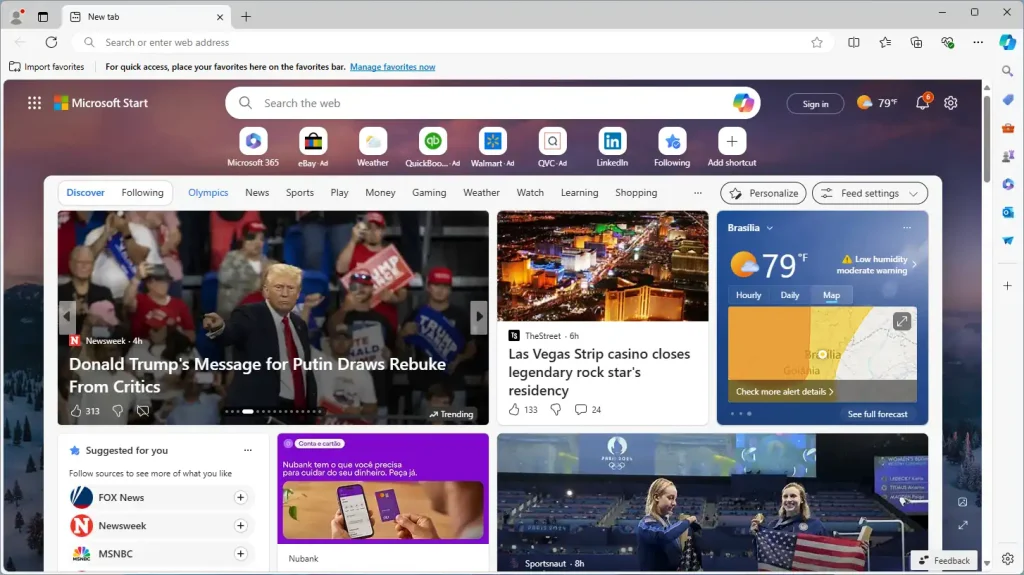 Microsoft Edge's main window, displaying a webpage with news about Donald Trump, a Las Vegas casino, weather, a few ads, and suggesting FOX News, Newsweek, and MSNBC.