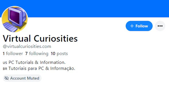 A profile page on Bluesky for Virtual Curiosities. Under its bio, the phrase "Account Muted."