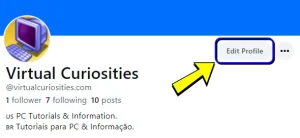 A profile page on Bluesky, with an arrow pointing to the "Edit Profile" button.