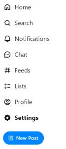 A menu with the options: home, search, notifications, chat, feeds, lists, profile, settings (in bold), and a blue button "New Post."