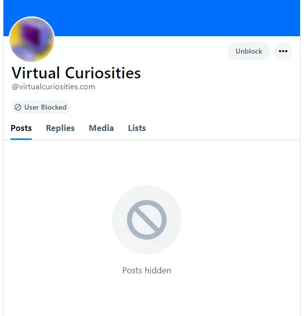 A profile page in Bluesky that reads "User Blocked" under the user's username and display name. Their avatar is blurred. Instead of posts, the text "post hidden" is displayed. Where the Follow button used to be, an "Unblock" button exists.