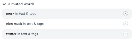 A section titled "Your muted words" with three items: "musk," "elon musk," and "twitter." All of three as "text & tags."