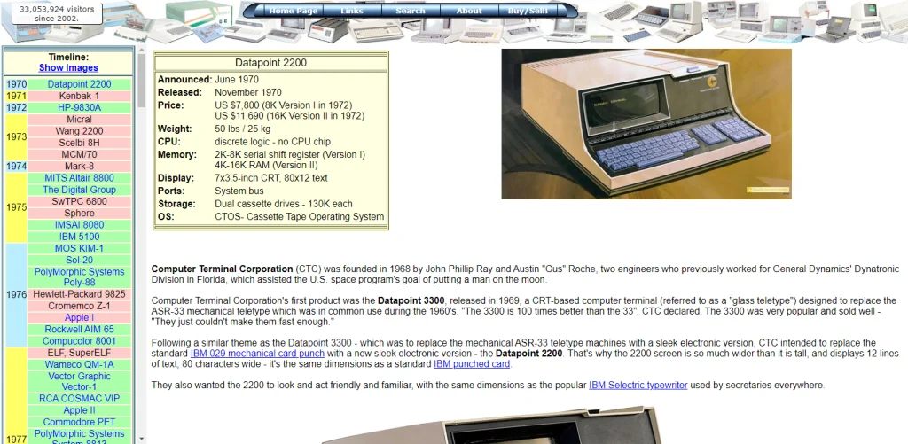 A webpage with information about an old computer called Datapoint 2200, which includes an image of the computer, information about its hardware, and paragraphs about it.