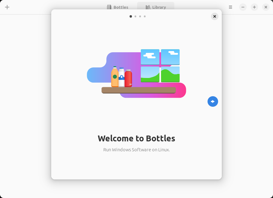 A dialog box in front a window that reads: Welcome to Bottles, Run Windows Software on Linux.