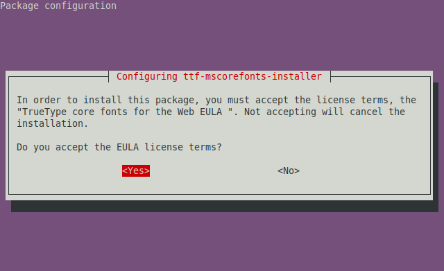 A grey rectangle box on a purple background, titled "Configuring ttf-mscorefonts-installer," asking if you accept the EULA with Yes/No buttons.