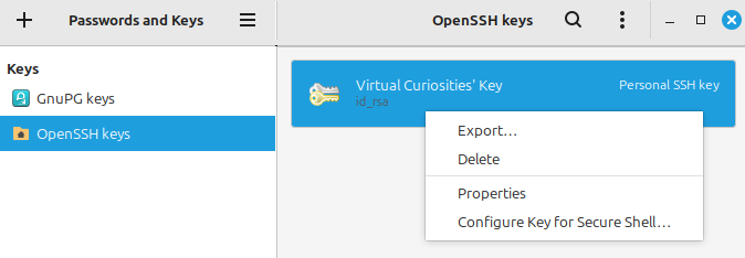 A context menu shown under the OpenSSH key "Virtual Curiosities' Key" (Personal SSH Key). Its items read: Export..., Delete, Properties, and Configure Key for Secure Shell...