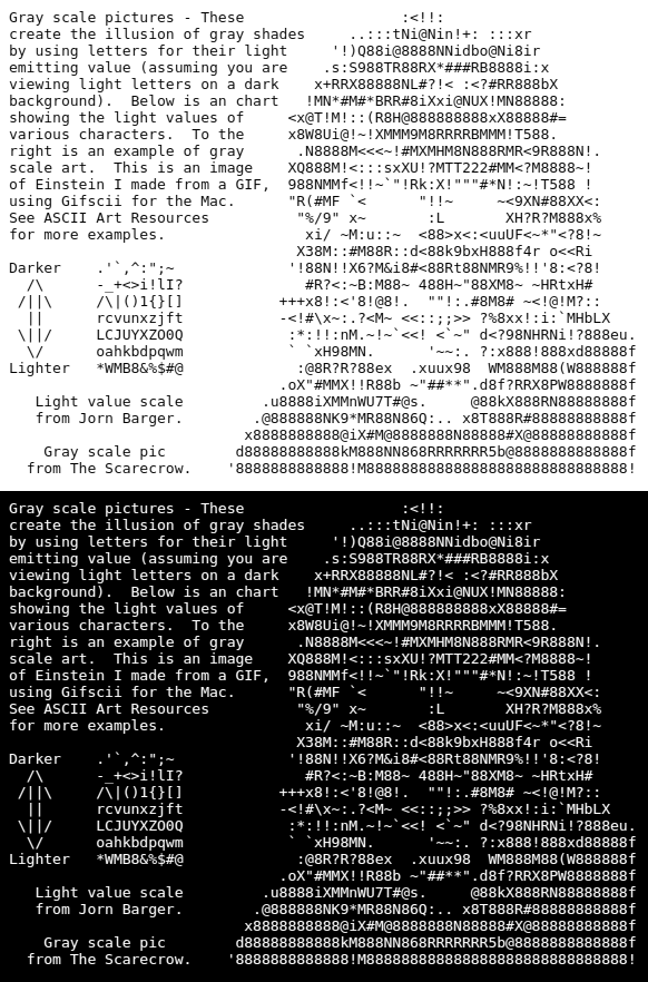 Two images of the same ASCII artwork of Einstein next to a text explanation about ASCII art. In the first, the background is white and the text is black. In the second, the text is white and the background is black. The explanation mentions that some characters are "darker" and others are "lighter" showing them in a scale that only makes sense if the background is black.