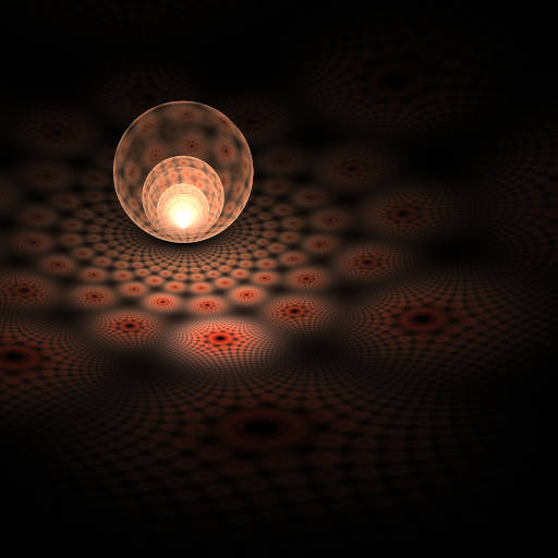 An image of a ball-like brownish luminous circle that appears to reflect a light pattern on a black background.