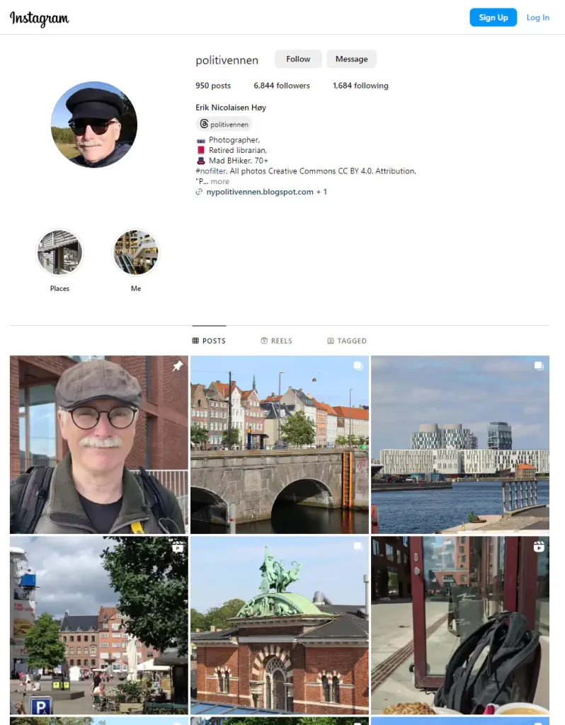 A profile page of an user on Instagram called "politivennen." There's a follow button and a message button, and a message to login or sign up on Instagram. Stats on the profile read 950 posts, 6844 followers, 1684 following. Text reads: Erik Nicolaisen Høy 📷 Photographer, 📕 Retired librarian, 🎩 Mad BHiker. 70+ #nofilter. All photos Creative Commons CC BY 4.0. Attribution. A link "more" after an ellipsis. A circle labelled "places" and another "me." Three tabs: posts, reels, and tagged. A three-collumn square grid with thumbnails of a photo of himself send e several places extends to the bottom of the screenshot.