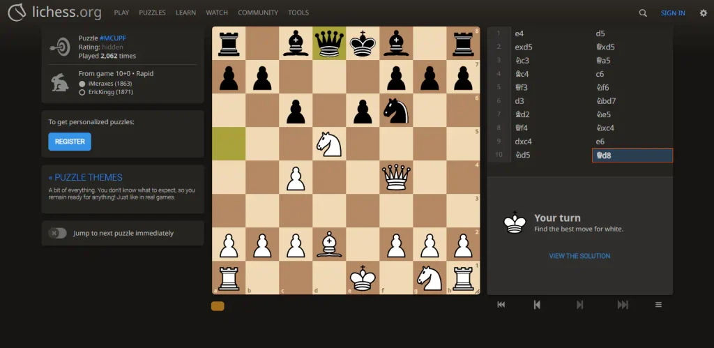 A screenshot of lichess.org, showing a chess board with as a puzzle for the player to solve.