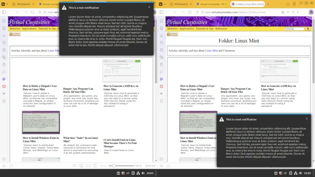 Two screenshots side by side: on the left side, a black rectangle with a notification appears on the top region, covering tabs of a web browser and the maximize/restore, minimize, and close window buttons on the titlebar; on the right side, the notification appears at the bottom region above the taskbar.