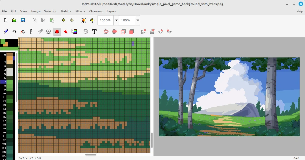 The main window of a pixel art editor showing a landscape image. On the left, an indexed color palette, then a 1000% zoomed pane with a pixel grid. On the right, a preview with 100% zoom.