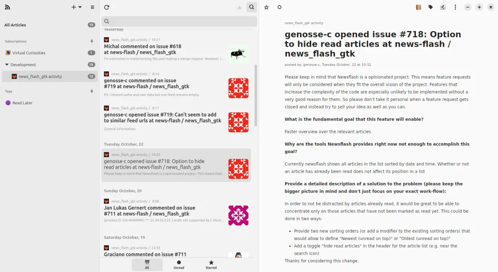 A window with three vertical panes. On the left, a list of feeds and tags. On the middle, a list of articles. And on the right, the contents of the selected article.