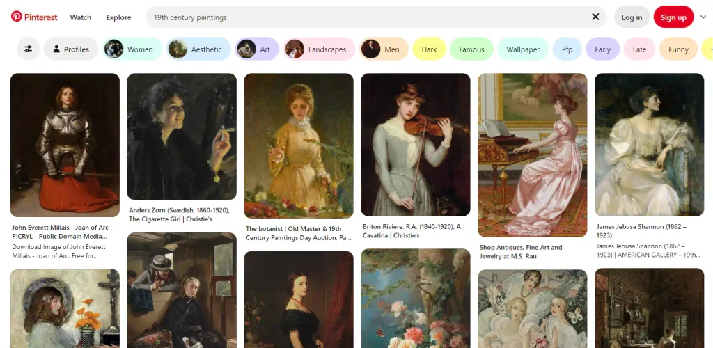 A search page with thumbnails of 19th century paintings in a masonry layout.